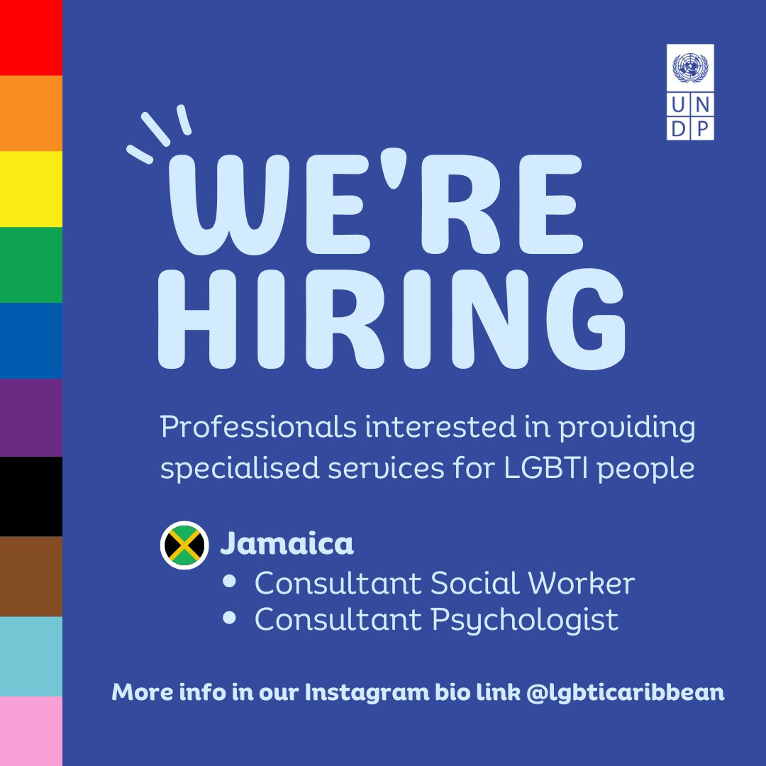 📣Are you a social worker or a psychologist and wish to provide services for LGBTI🏳️‍🌈 people? The BLIC Project, supported by @USAID, is hiring in Jamaica🇯🇲! 🇯🇲Social Worker procurement-notices.undp.org/view_negotiati… 🇯🇲Psychologist procurement-notices.undp.org/view_negotiati…