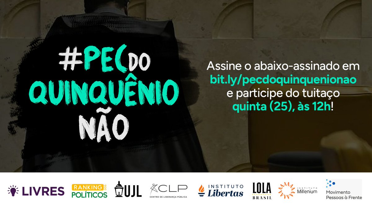 NÃO AOS PRIVILÉGIOS, NÃO ÀS REGALIAS! Assine o abaixo-assinado contra a PEC do Quinquênio e participe do nosso tuitaço #PECdoQuinquênioNÃO AMANHÃ, às 12h! ✍🏽 bit.ly/pecdoquinqueni… @RankPolitico @ujliberdade @CLP_Brasil @somoslolabrasil @instmillenium @LibertasInstit
