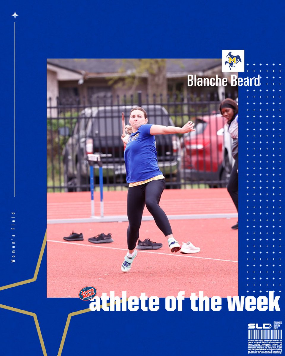 👟 Congratulations to this week’s @jerseymikes SLC Track & Field Athletes of the Week:

Track(W): Brianna Howard, Lamar
Field (W): Blanche Beard, McNeese
Track (M): Jalon White, McNeese
Field (M): Kenson Tate, Lamar

#EarnedEveryDay