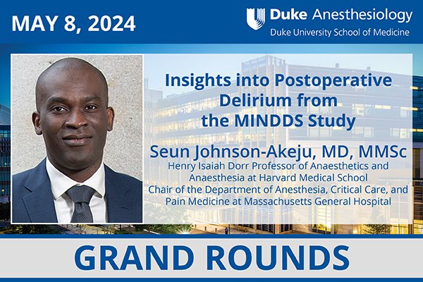 Join us tomorrow morning for a special Duke #Anesthesiology Grand Rounds #DukeAnesGR that features the guest judge, Dr. Seun Johnson-Akeju of Harvard, for our department's 32nd Annual Academic Evening - a Duke Centennial event this evening! 🔗anesthesiology.duke.edu/events/grand-r………. #AnesGR