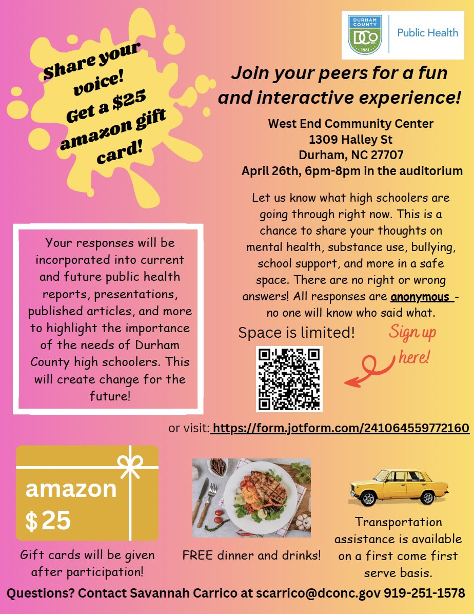 Calling all Durham high schoolers! Earn a $25 Amazon gift card & free dinner by sharing your thoughts on what high schoolers go through on a daily basis. Come out to our Durham County High School Youth Listening Session this Friday & have your voice heard: form.jotform.com/241064559772160