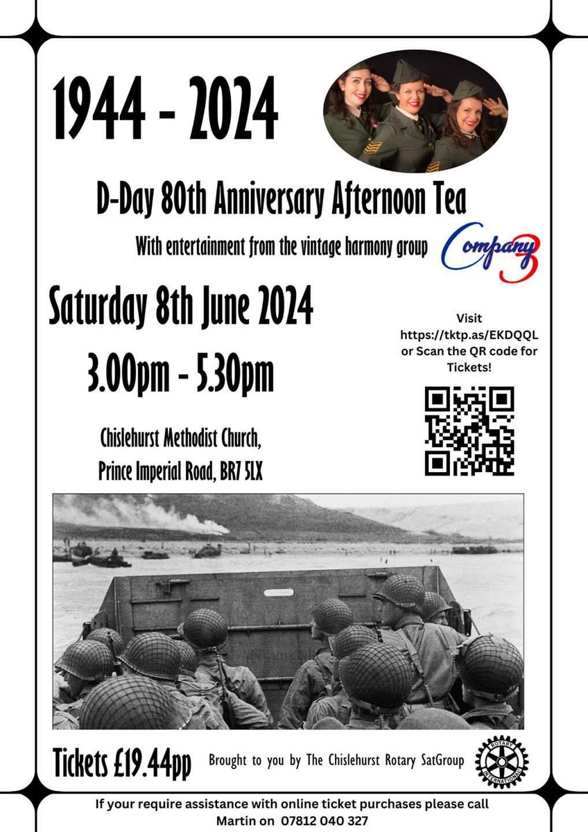 Join in the celebrations of 80 years since the 1944 D-Day landings. A live performance by the Company 3 and a delicious hand-made tea. WW2 memorabilia display & picture show Sat 8th June 2024 at the Chislehurst Methodist Church Tickets link below tktp.as/EKDQQL