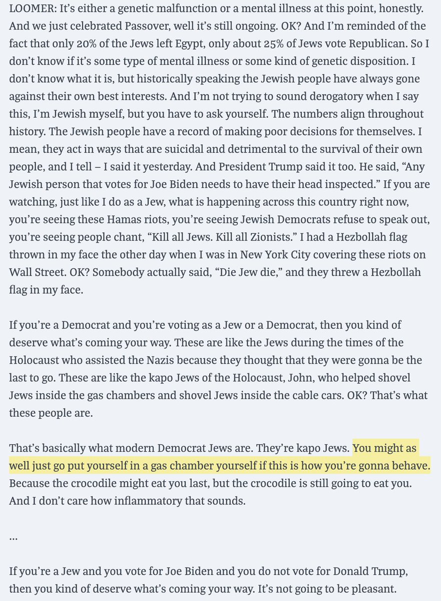 New: Far-right figure Laura Loomer, who's become increasingly close with Trump, said in an interview, 'You are an enemy to this country if you do not vote for' Trump, & said Jews supporting Democrats 'might as well just go put yourself in a gas chamber.' mediamatters.org/laura-loomer/t…