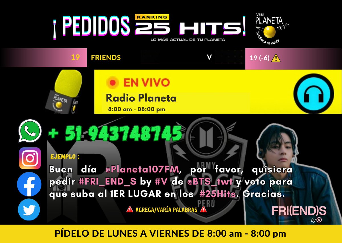 📲PEDIDOS RANKING 25HITS📻🇵🇪 🗓Sábados⏰️6:00 pm➡️#19(-6)⚠️ 📢DEJA TU SOLICITUD👇 1️⃣IG💟 instagram.com/p/C5_kqVaRJBd/… 2️⃣WSP🤳 wa.me/51943748745 3️⃣TWT: Buenas tardes @Planeta107FM😄 solicito #FRI_END_S by #V (@BTS_twt) y voto para que suba en los #25Hits.