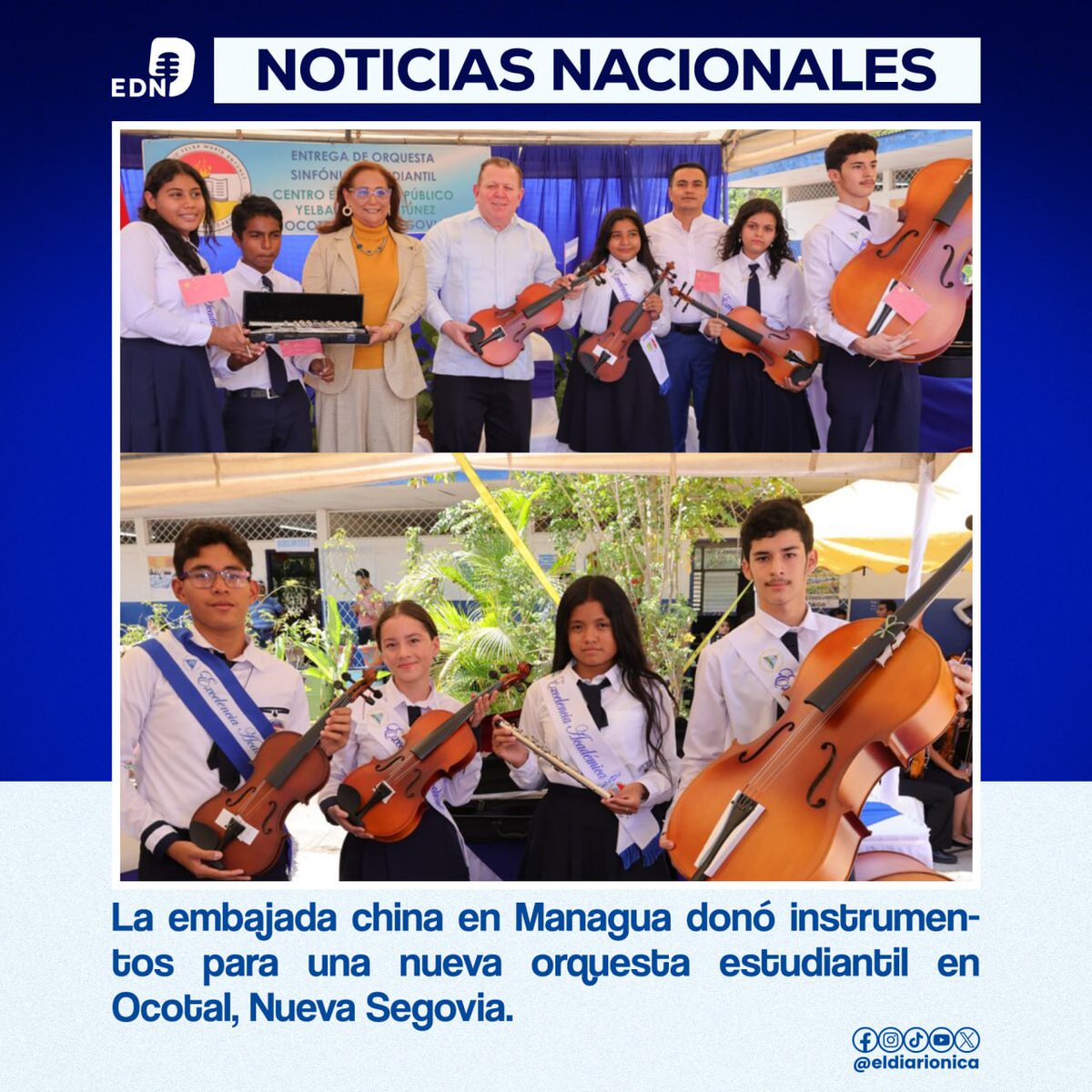 El Gobierno de #China a través de su embajada en Managua entregó instrumentos musicales para la creación de la orquesta sinfónica estudiantil en el centro escolar Yelba María Antúnez de la ciudad de Ocotal, Nueva Segovia. #Nicaragua #24Abril