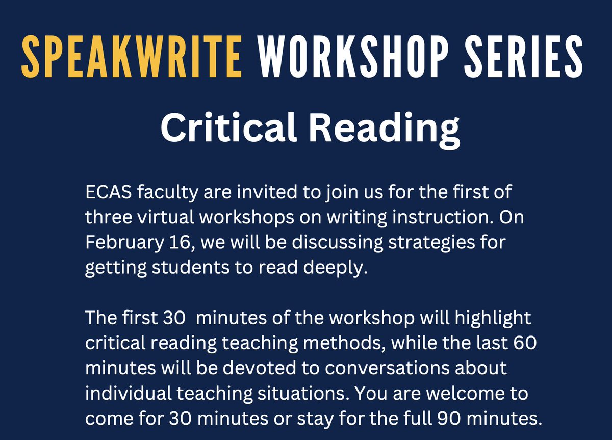 The first SpeakWrite faculty workshop was on Critical Reading. The workshop featured teaching tips to help students read critically, strategically, and collaboratively. 

Attendees left the workshop with several ideas to implement in their courses.