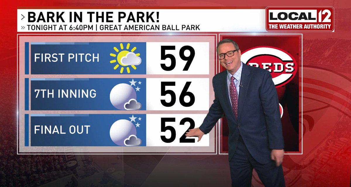 Beautiful but a little chilly for #BarkinthePark tonight at GABP in #Cincinnati! We dip into the lower-50s by the final out. @Karaline_Cohen and I decided that if our doodles Otto and #LucyTheWeatherDog were there, that place would get turned upside down! 🐕 @Local12