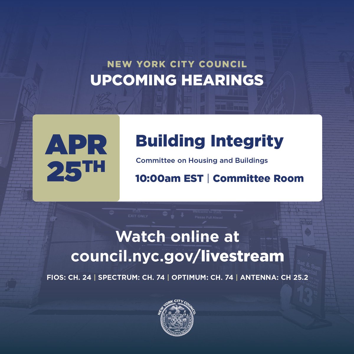 Tomorrow at 10AM: The Committee on Housing and Buildings will hold an oversight hearing on building integrity, including several bills that would implement weight limits for parking garages, require annual inspections, and more. 📺 council.nyc.gov/livestream/