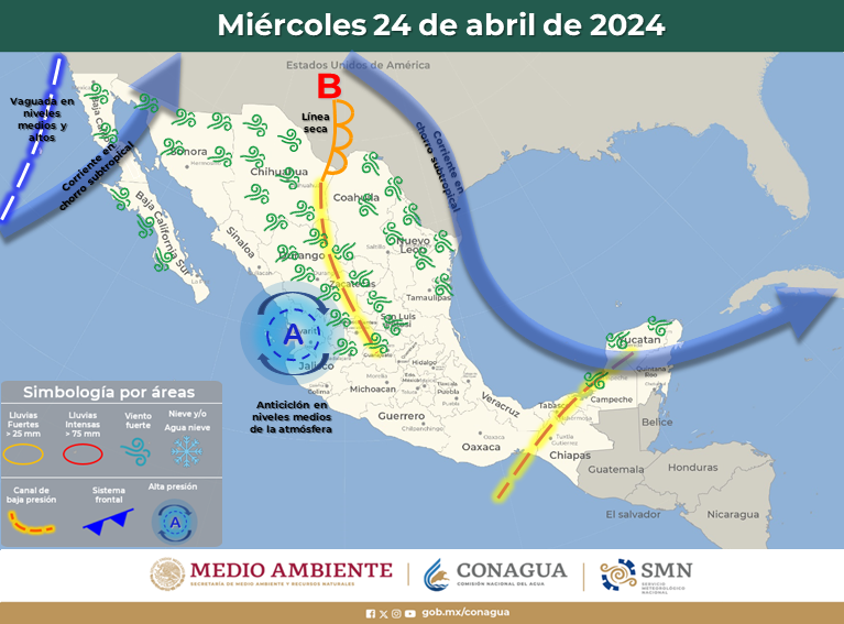 ⛈️🌬️💨 Hoy, se pronostican #Lluvias, #Chubascos, #DescargasEléctricas y #Granizadas, en entidades del noreste, centro, oriente y sureste de #México, así como #Vientos muy fuertes en el noroeste, norte y noreste. Ve el #Pronóstico a 96 horas ⬇️ smn.conagua.gob.mx/es/pronosticos…