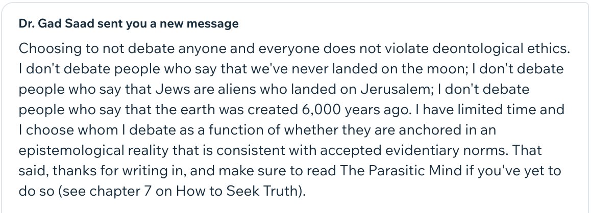 Someone wrote me to chastize me for not debating folks who espouse Intelligent Design as an alternative theory to evolution. My response: