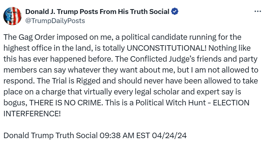 A response to Trump from reality: 1) The reason people can say stuff about you but you can't respond is because you have a gag order! That's the definition of a gag order. They can say whatever the hell they want because they have this thing called, NO GAG ORDER. 2) You say…