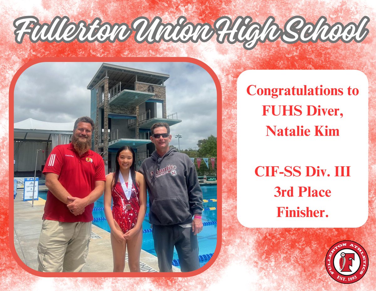 Congratulations to FUHS Diver Natalie Kim on taking 3rd Place in CIF-SS Div. 3 Finals! GO TRIBE! @Principal_Rubio @fullertonhigh @fjuhsd @ocvarsityguy @OCSportsZone @DavidDelgado_OC @FullertonASB