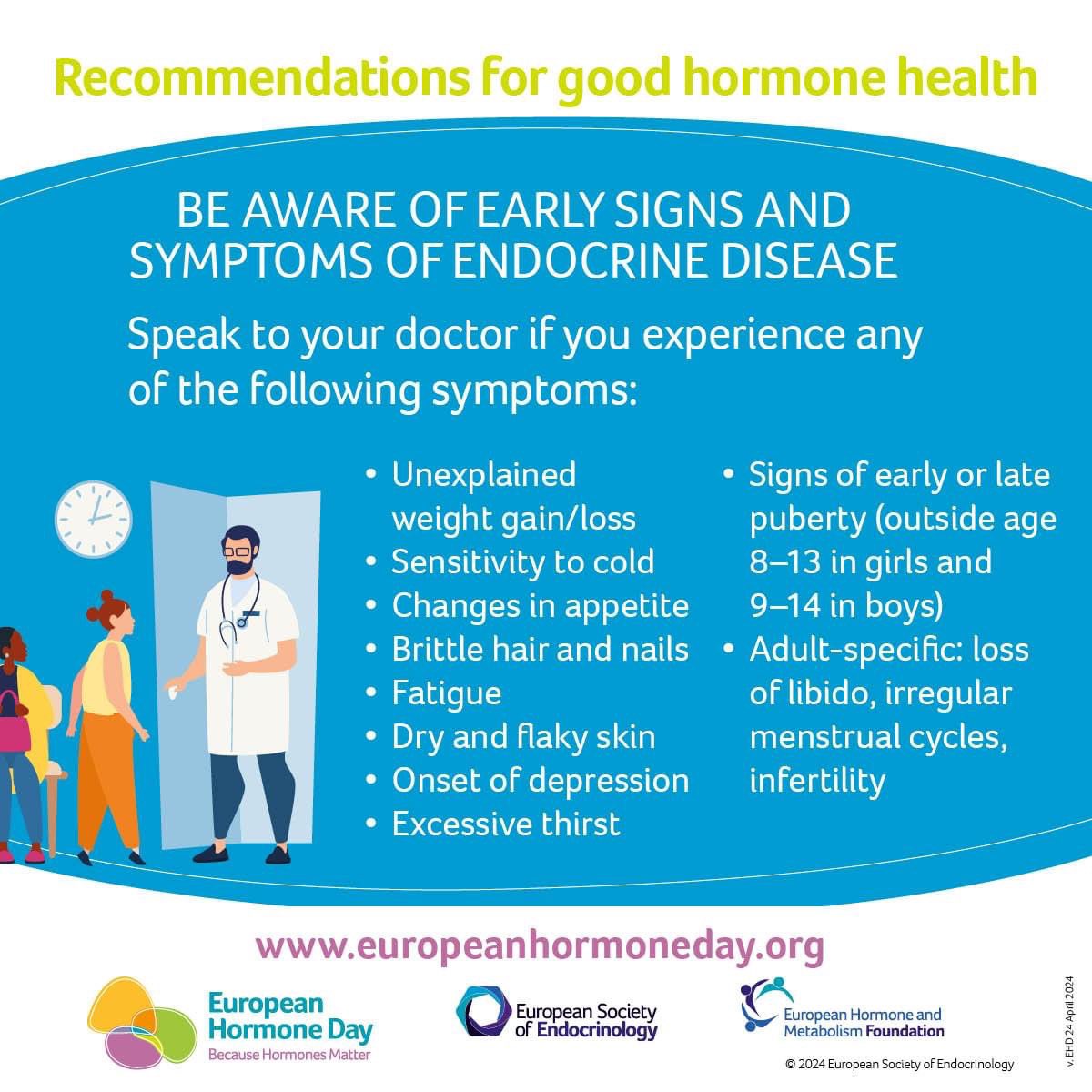 Because symptoms are unspecific, many endocrine diseases, including thyroid conditions, are not always picked up immediately. Being aware of the signs & symptoms of endocrine disorders can help with earlier diagnosis #BecauseHormonesMatter #EuropeanHormoneDay @ESEndocrinology