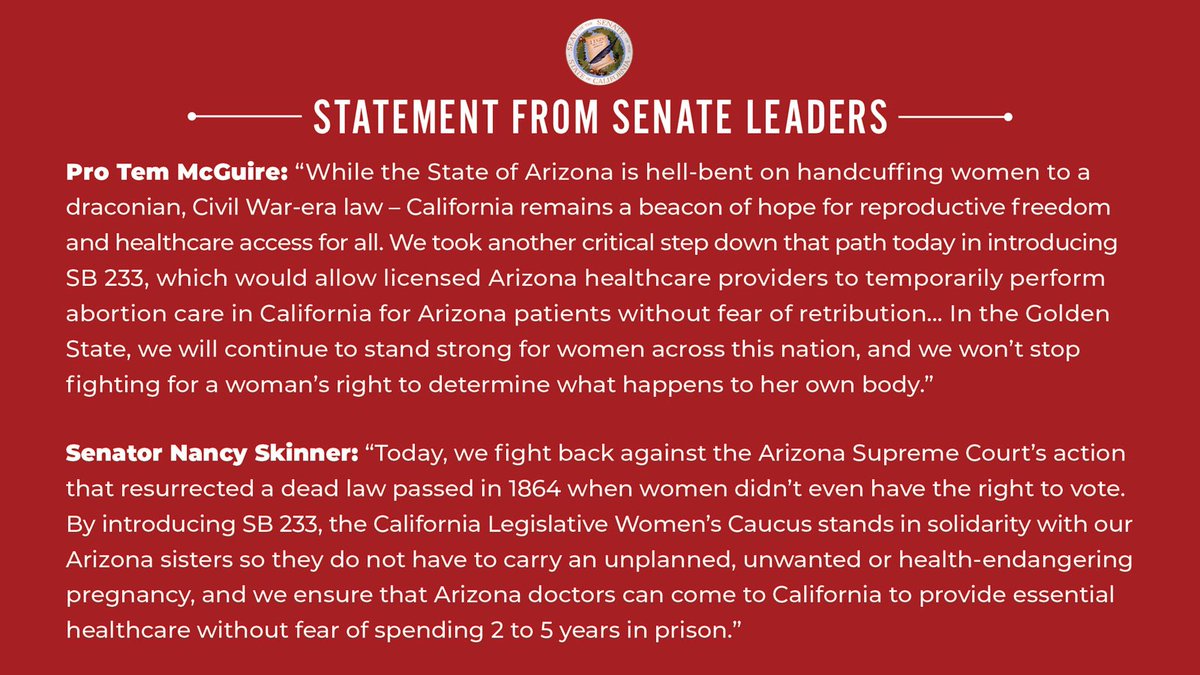 CA is unwavering in our commitment to ensuring access to abortion & reproductive care. SB 233 by @NancySkinnerCA, @AsmAguiarCurry, @CAWomensCaucus & @CAGovernor would help protect the full spectrum of repro health services for AZ patients. Read more: bit.ly/3QehmJx