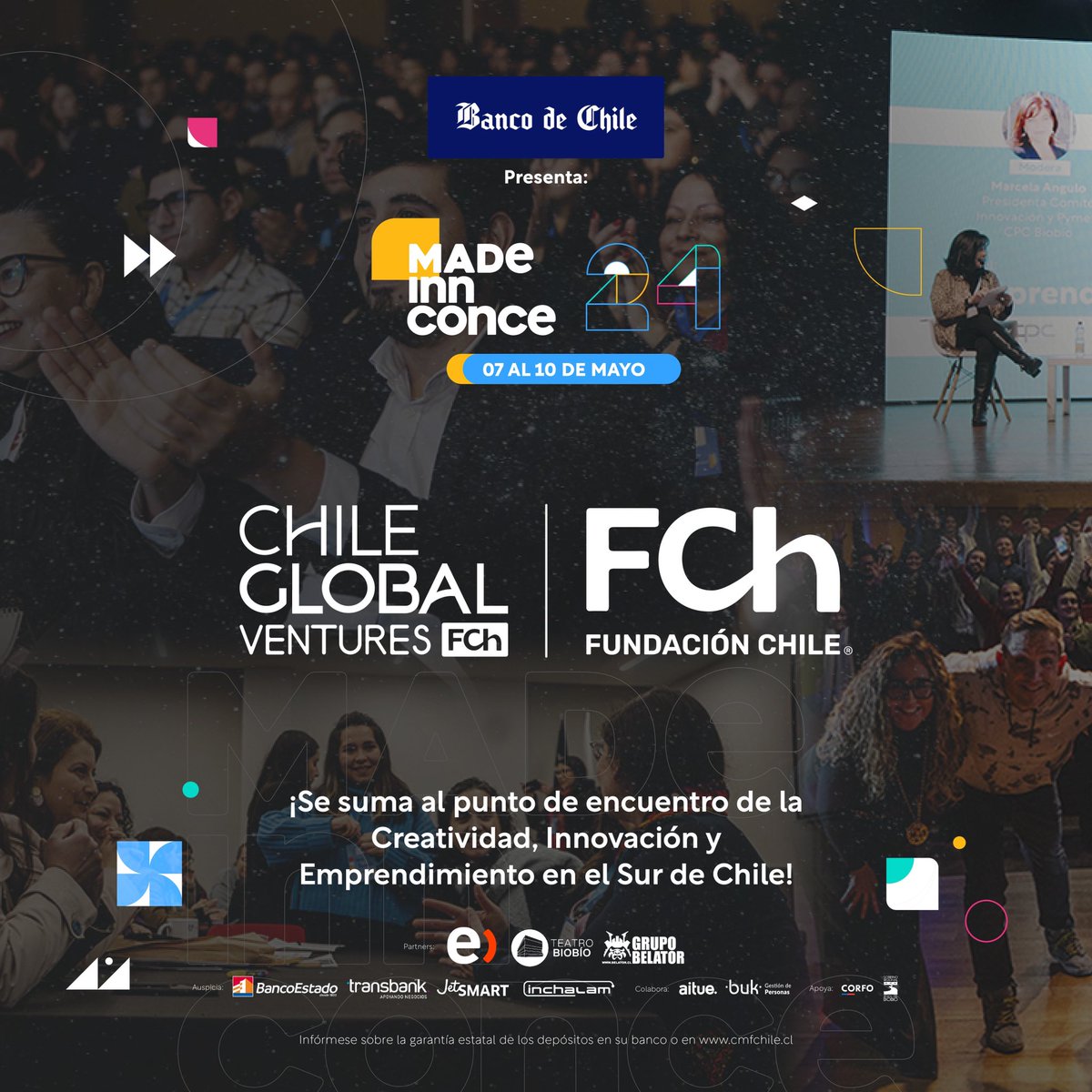 👉🏼 En ChileGlobal Ventures somos parte de #MadeinnConce24, el punto de encuentro de la creatividad, innovación y emprendimiento en el Sur de Chile. 

¡No te lo pierdas, desde el 07 al 10 de mayo! 🤩

Ya puedes reservar tu ticket acá: ecopass.cl/events/madeinn…

#MadeinnConce