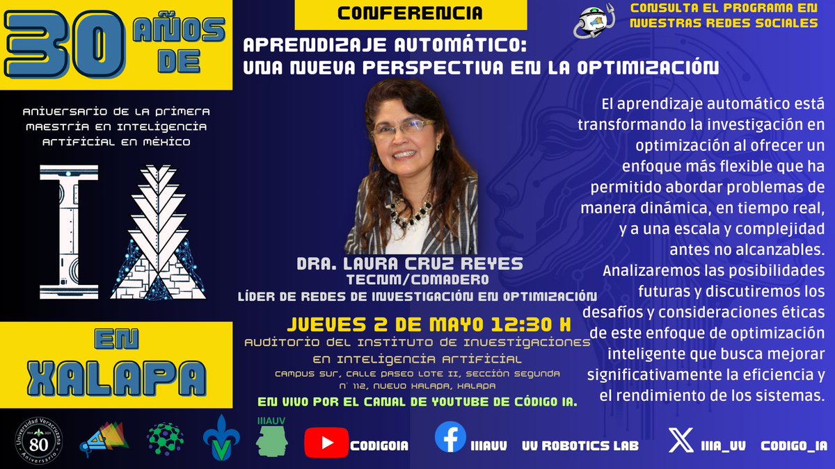 🤩 📢 En el 30 Aniversario de la MIA, el <a href="/iiia_uv/">IIIA_UV</a> invita a la conferencia "Aprendizaje automático...", que impartirá la Dra. Laura Cruz Reyes, investigadora del <a href="/TecMaderOficial/">TecNM - Ciudad Madero</a>. ¡¡ No faltes‼️🧠 💻
📆 2 de mayo ⏰ 12:30 h.
🏢 Auditorio del IIIA-UV
📲 Tx: youtube.com/@CodigoIA
