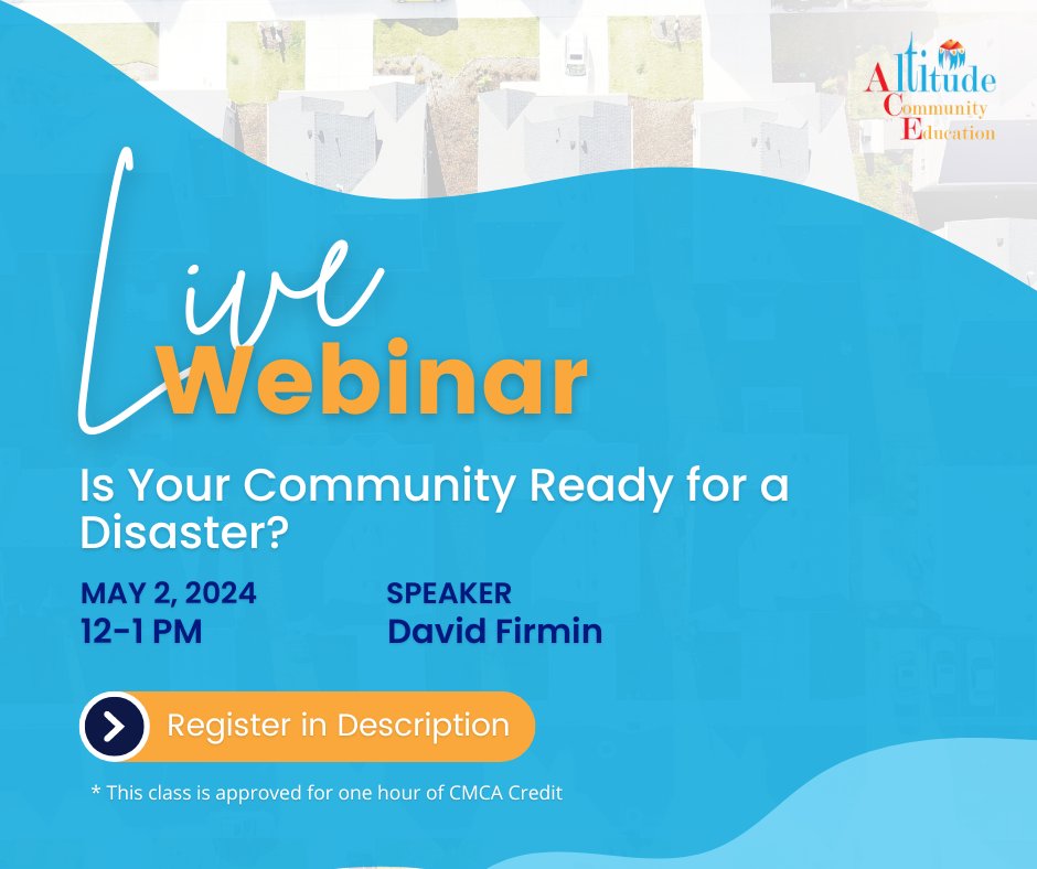 Colorado weather is unpredictable, so keep your association ready and prep for potential disasters with David Firmin on May 2nd! altitude.law/events/is-your… 

 #HOALaw #HOAManager #AltitudeCommunityLaw #ColoradoHOA #HOAEducation #HOAWebinar #PrepForDisaster #HOASafety
