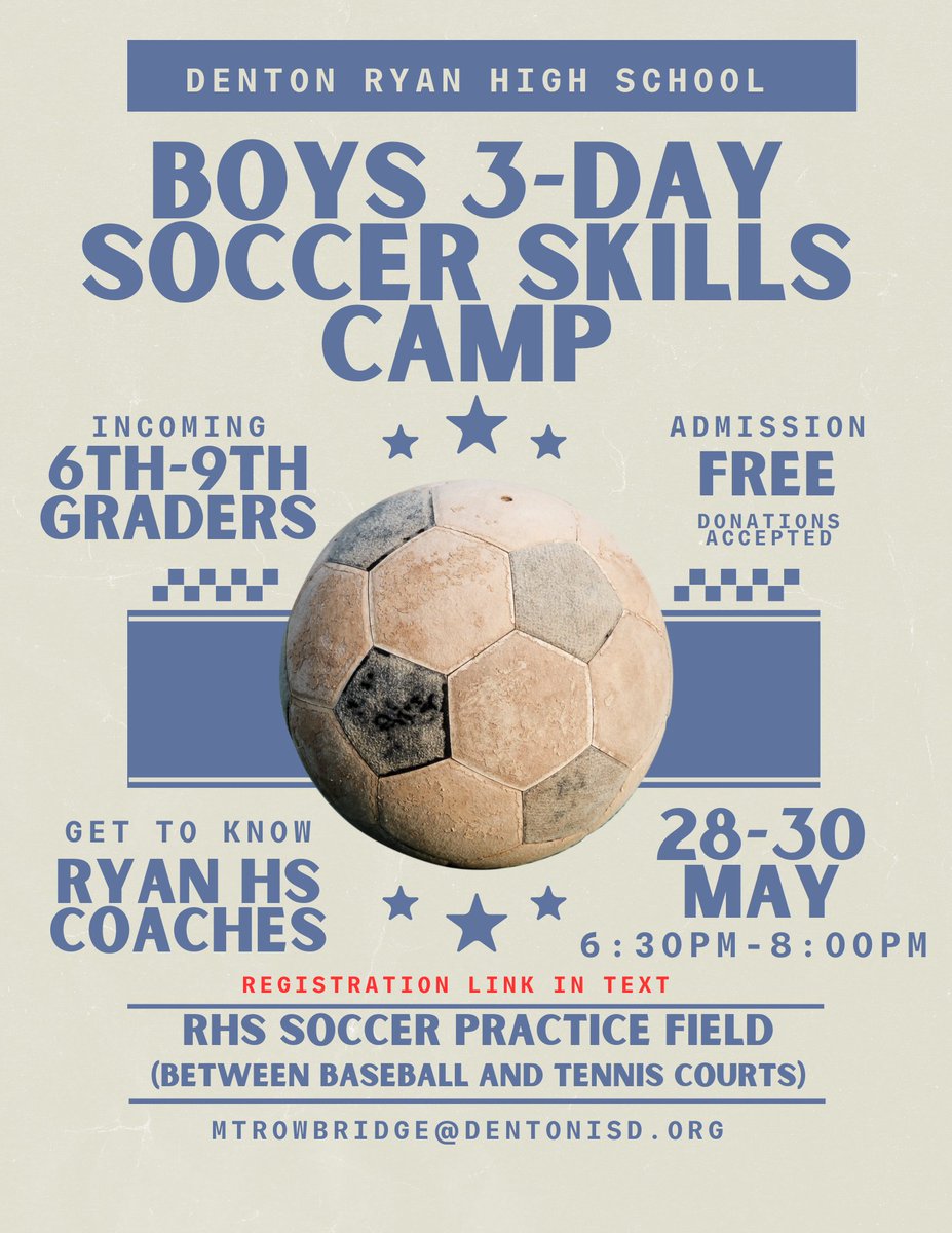 Who: Boys who will be in grades 6-9 for the 2024-25 school year.
When: 5/28-5/30 6:30-8:00 pm
Where: RHS soccer practice field between baseball and tennis courts.
Register at:
bit.ly/RHSboysSoccerC…