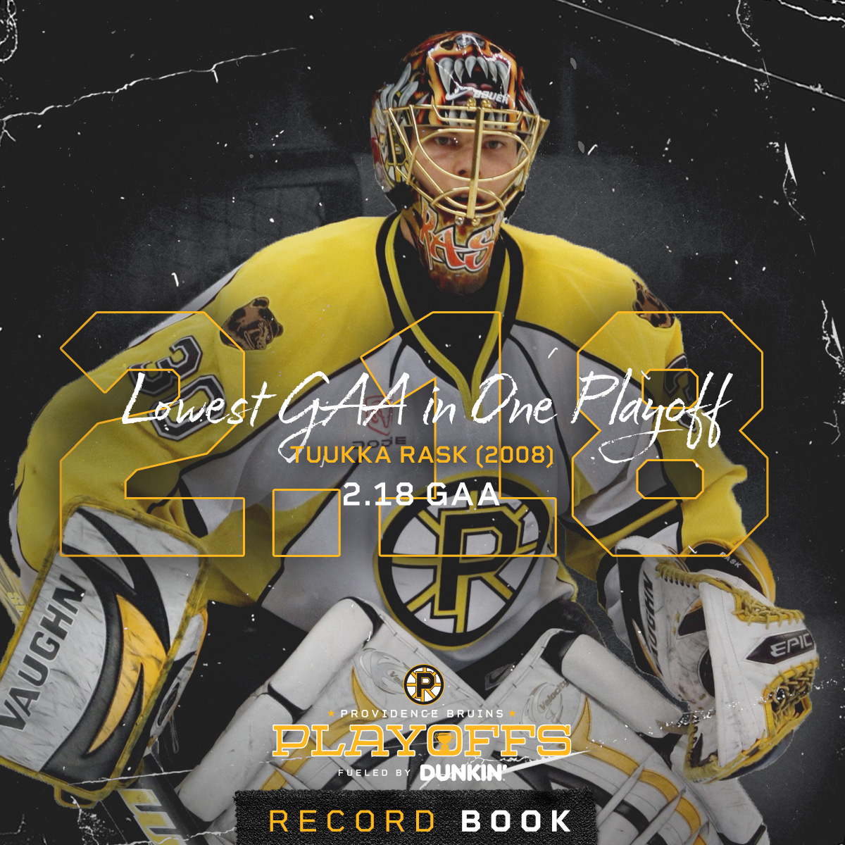 Here's the latest look inside the #AHLBruins Playoff Record Book 📕 fueled by @dunkindonuts ⤵️ 🏆 Lowest GAA in One Playoff: 2.18 GAA - Tuukka Rask (2008) For more Playoff info ➡️ bit.ly/4cmBRNz