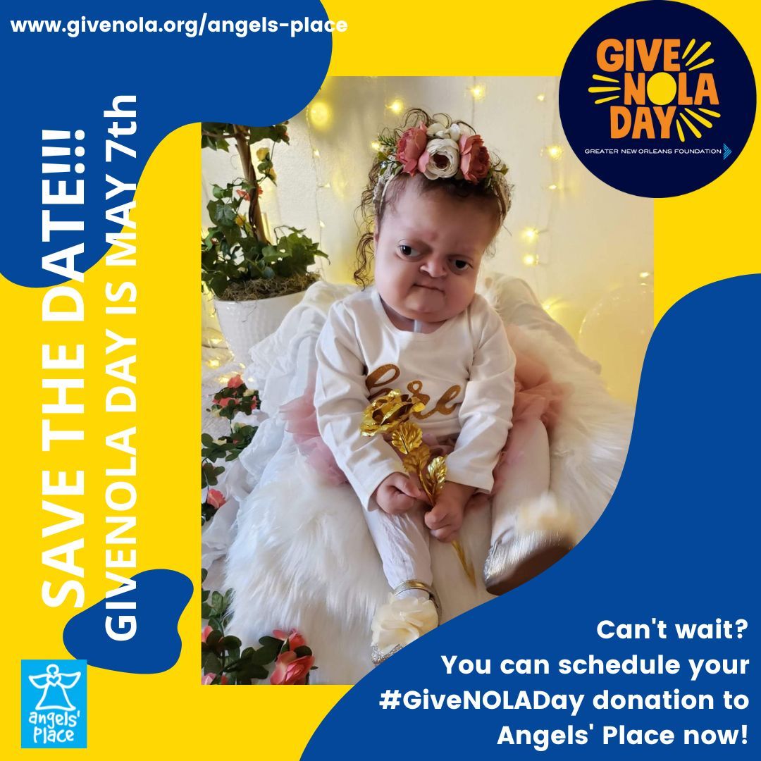 📢📢 #GiveNOLA Day is May 7th! Mark your calendar! 😇💙⁣⁣
As with previous years, you can schedule your donation to #AngelsPlace here: buff.ly/2Y7euRh
We hope you'll #donate to help us help our kids!⁣⁣ 
#ChildrensCharity #NewOrleansCharity #ChildhoodIllness