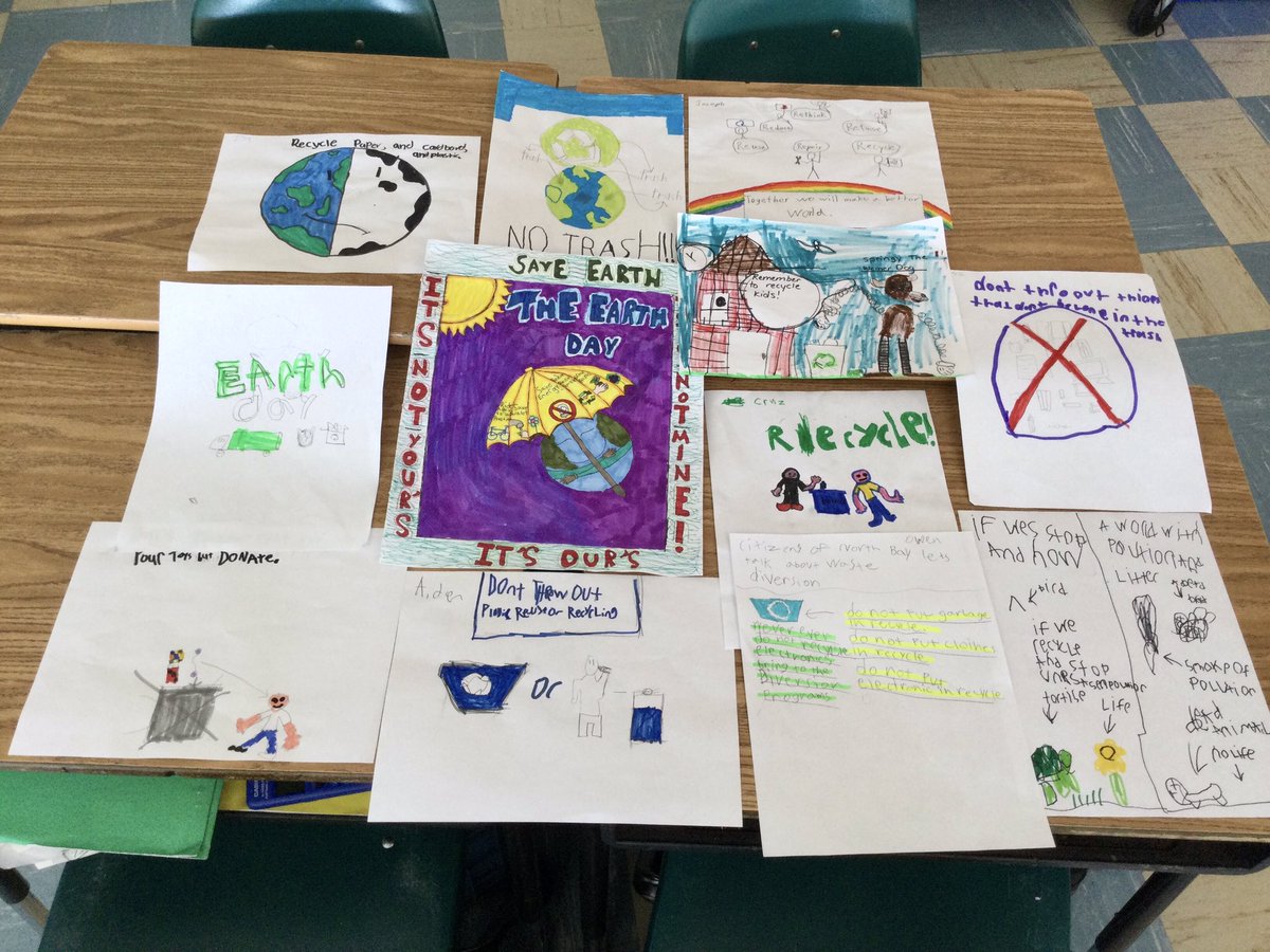 rhondadagostino's tweet photo. North Bay’s Environmental Control Officer came to our classroom to talk to us about our city’s waste diversion programs, the 6 R’s, Rethink, Refuse, Reduce, Reuse, Repair and Recycle. Learning was captured with amazing posters! #wastediversionartists @StAlexDragons  @npsc_schools https://t.co/SnVKc2uroU