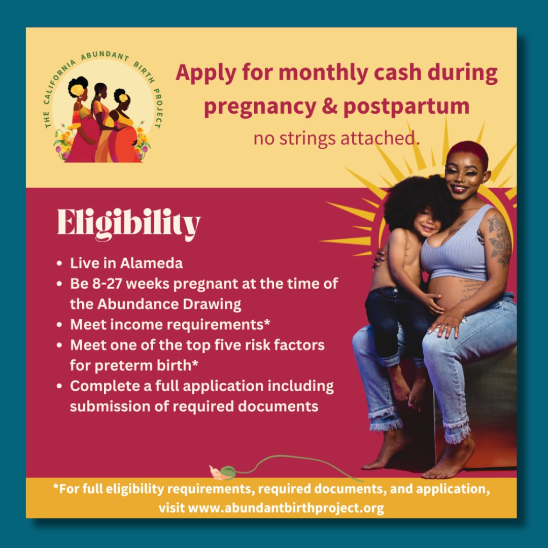 📢PLEASE SHARE 🌺The CA Abundant Birth Project is a guaranteed income program that provides cash during #pregnancy. 👉If selected participants will receive the following monthly cash gift, based on county of residence: Alameda: $967 👉AbundantBirthProject.org #birthjustice