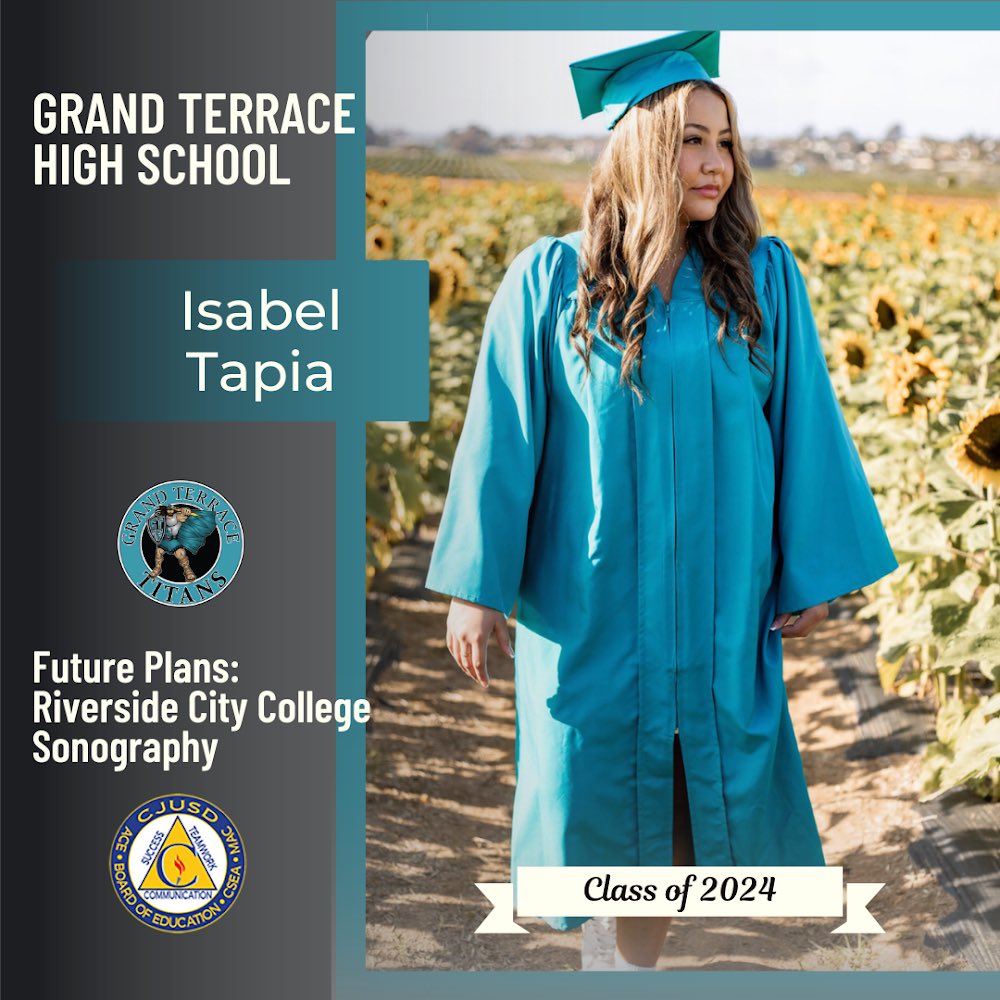 Congrats to Grand Terrace HS 🎓 senior Isabel Tapia, who plans to attend Riverside City College and study sonography! #CJUSDCares #GTHS #GrandTerraceHighSchool ⚡️⚡️🎉
Seniors, to be featured in our #CJUSD Class of 2024 Spotlight, fill out the form at bit.ly/CJUSDsenior2024