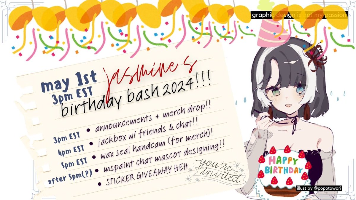 YOU 🫵 are formally invited to my lil birthday bash next week!!! it'll be on my actual birthdate this year!! stream time: May 1st, 3PM EST start! (stream link below)