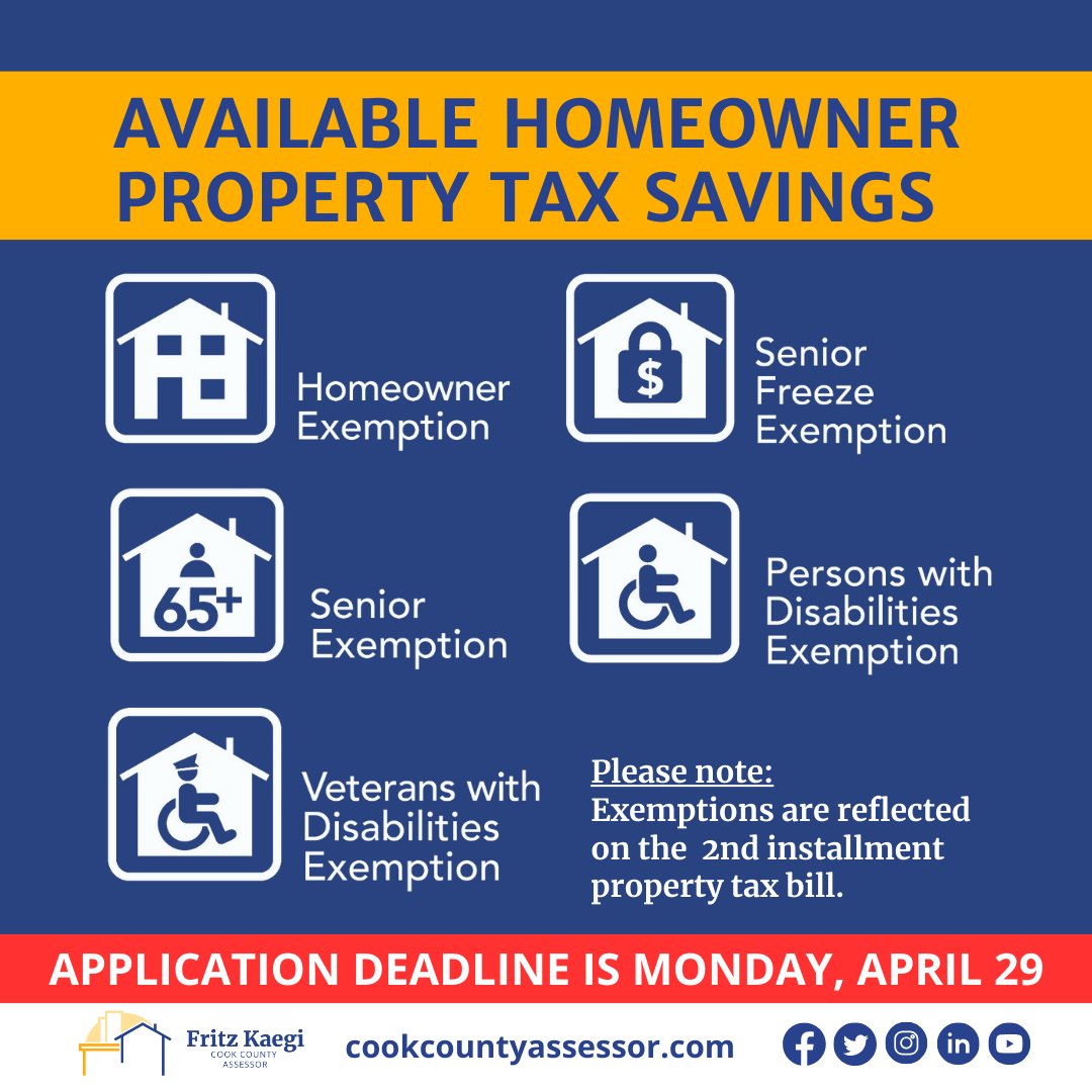 Tax year 2023 exemption applications will close on Monday, April 29. Our Assessor's Office helps qualifying residents apply for property tax exemptions! 📞 (630) 837-0301 💻 cookcountyassessor.com 📨 assessor@hanover-township.org 📍 250 S. IL Route 59, Bartlett