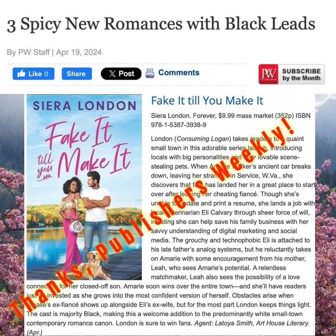 FAKE IT TILL YOU MAKE IT is featured in a Publishers Weekly article featuring new releases with black lead characters. Fake It Till You Make It released April 23rd - small town enemies, big time lovers!
#enemiestoloversbooks #publishersweekly #sieralondon #readforeverpub