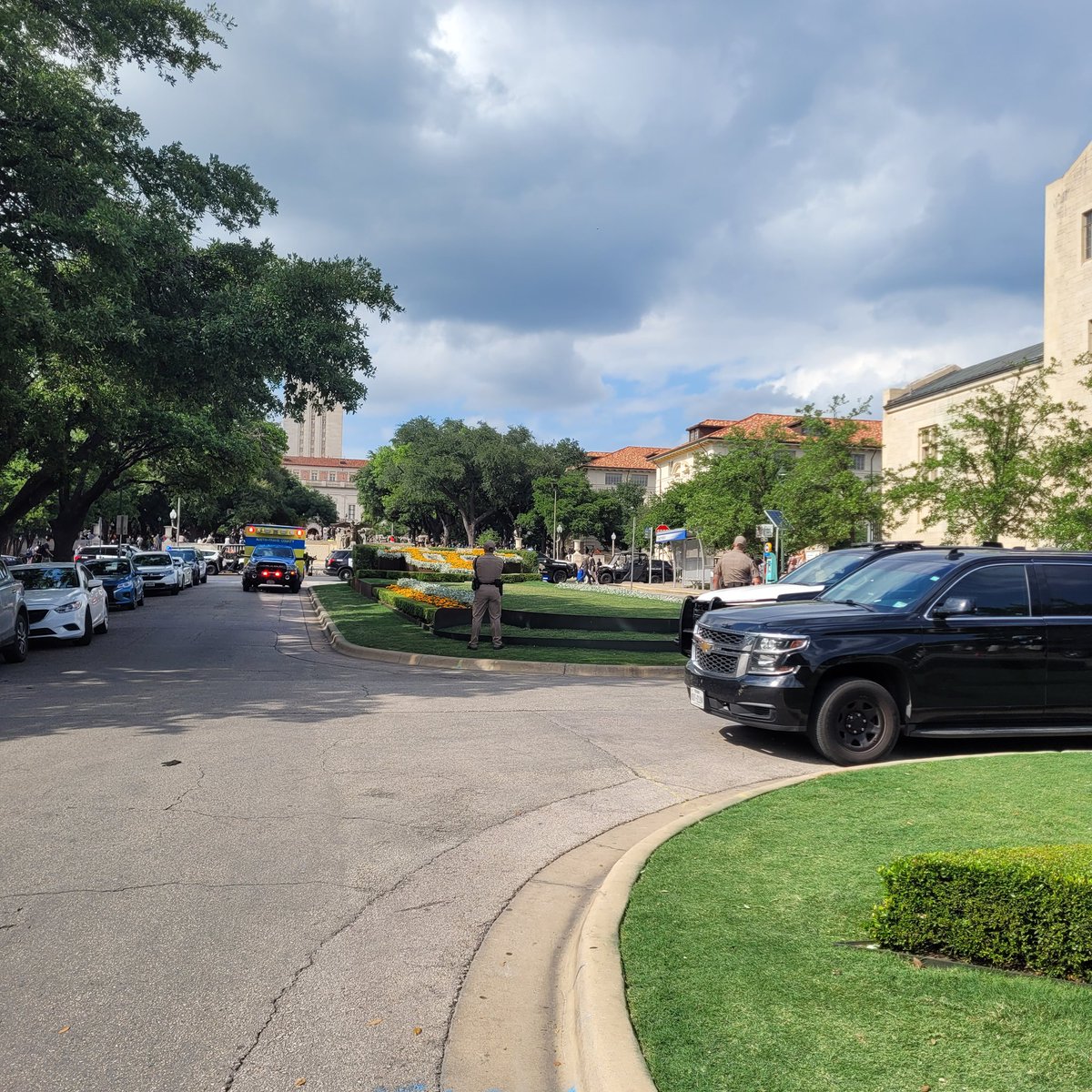 Protest at the University of Texas under the Ivory Tower.  Sigmificant State Trooper presences.