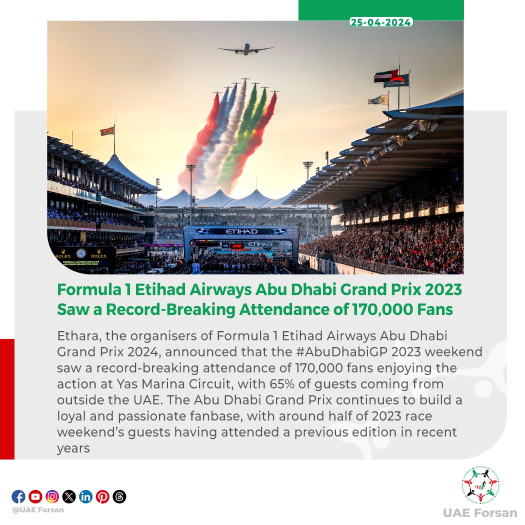 Formula 1 Etihad Airways Abu Dhabi Grand Prix 2023 Saw a Record-Breaking Attendance of 170,000 Fans
#F1 #AbuDhabiGP 
@F1 
@abudhabigp