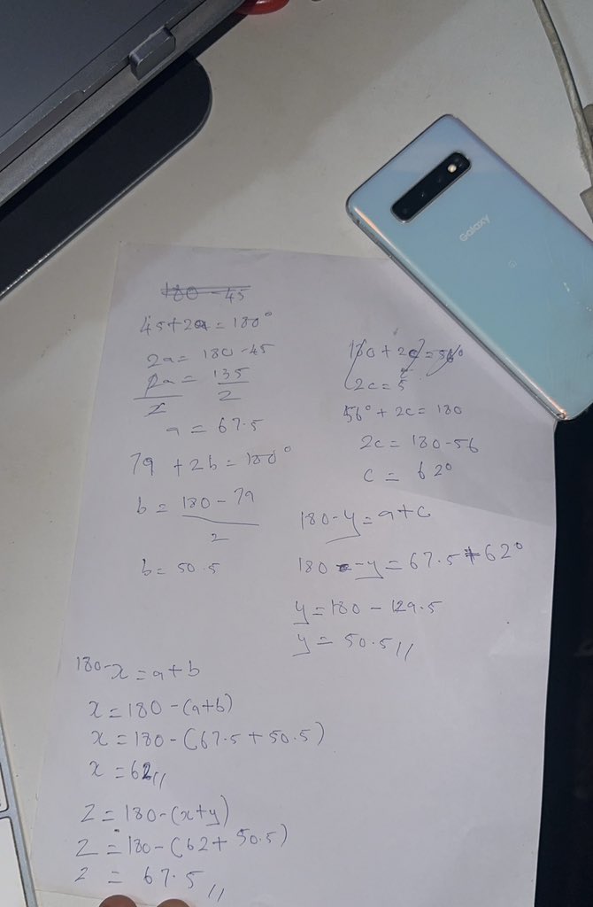 segun_os_'s tweet image. y = 50.5 
x = 62
z = 67.5

the three triangles are isosceles triangles. 

you’re welcome. @_Ajike01