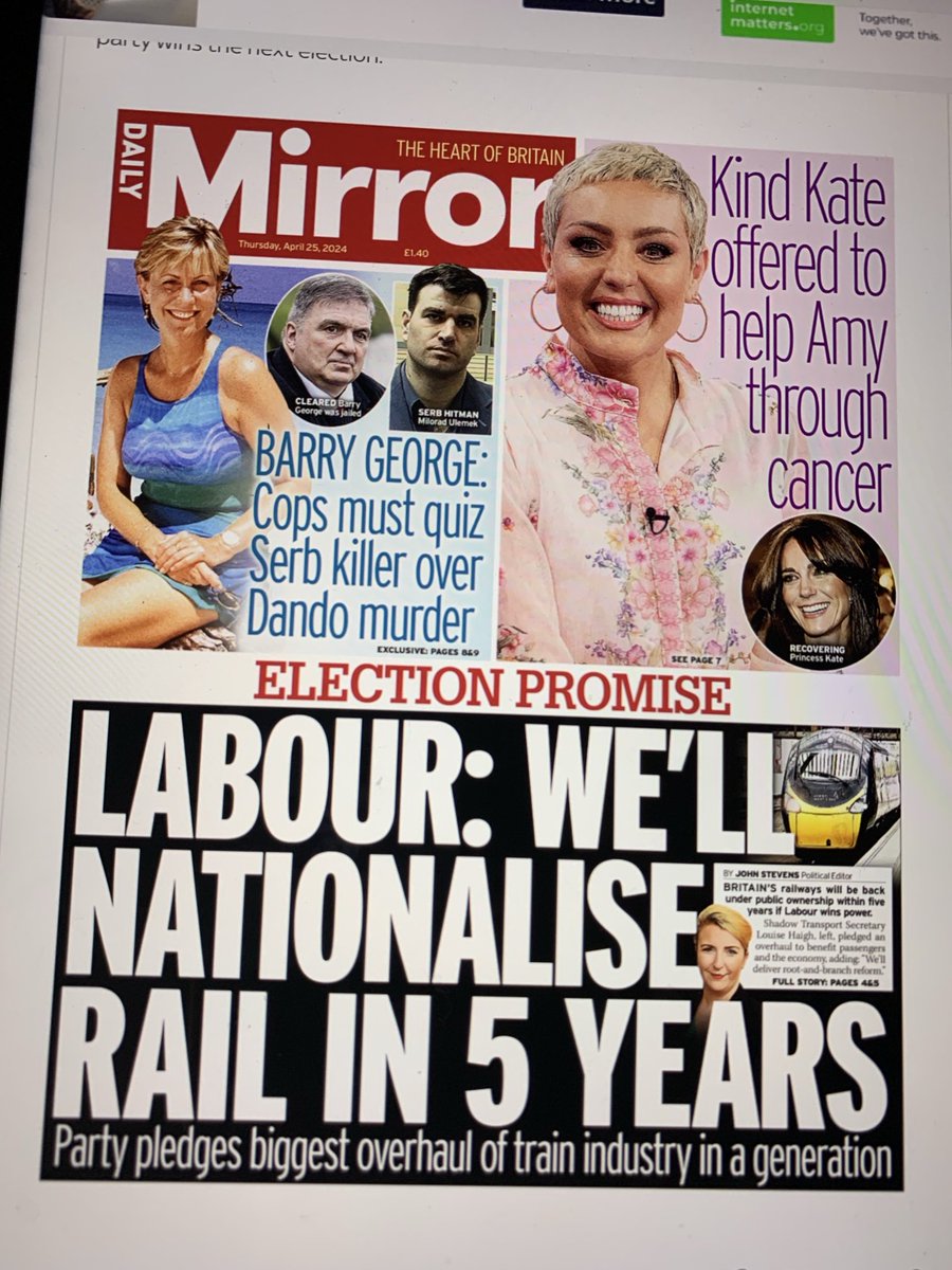 Front page of the Mirror on Labour’s plan to bring rail back into public ownership. A better, greener transport system is key to help get Britain growing again. Credit to Lou Haigh and her team for rolling up their sleeves, ready to get the job done.