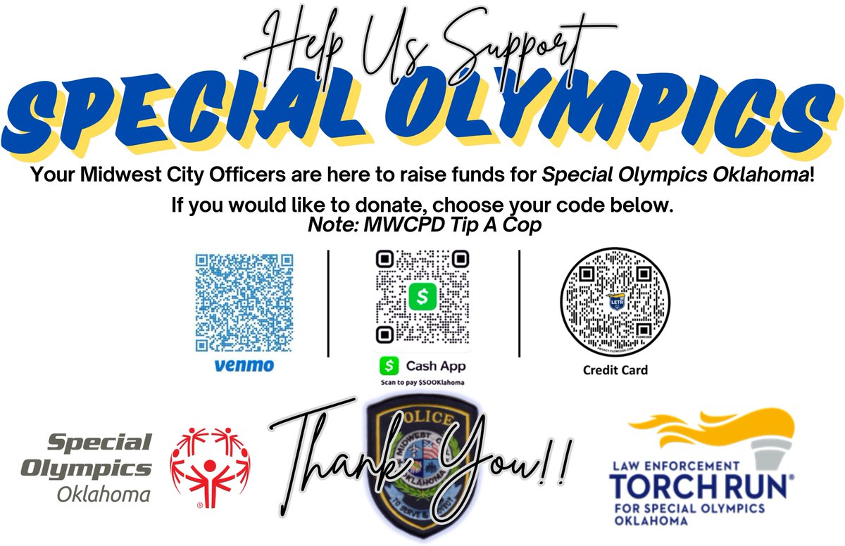We wrapped up Day 1 of our Tip A Cop Event at Chick-Fil-A! We will be back tomorrow at 11am for Day 2 at 7331 SE 29th. Come see us and support @sooklahoma!!! If you can't make it but wish to donate, you can do so with any of the QR codes! @OklahomaLETR