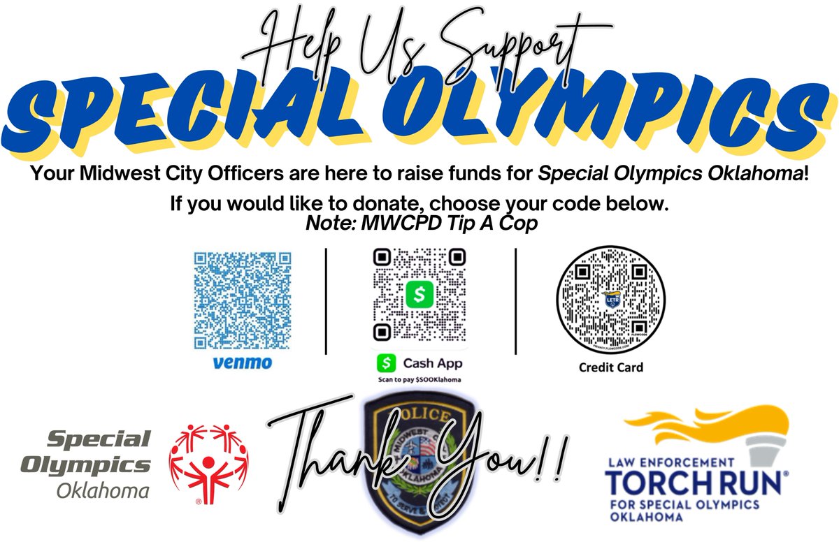 We wrapped up Day 1 of our Tip A Cop Event at Chick-Fil-A!  
We will be back tomorrow at 11am for Day 2 at 7331 SE 29th. Come see us and support <a href="/sooklahoma/">Special Olympics Oklahoma</a>!!! 
If you can't make it but wish to donate, you can do so with any of the QR codes! <a href="/OklahomaLETR/">Oklahoma LETR</a>