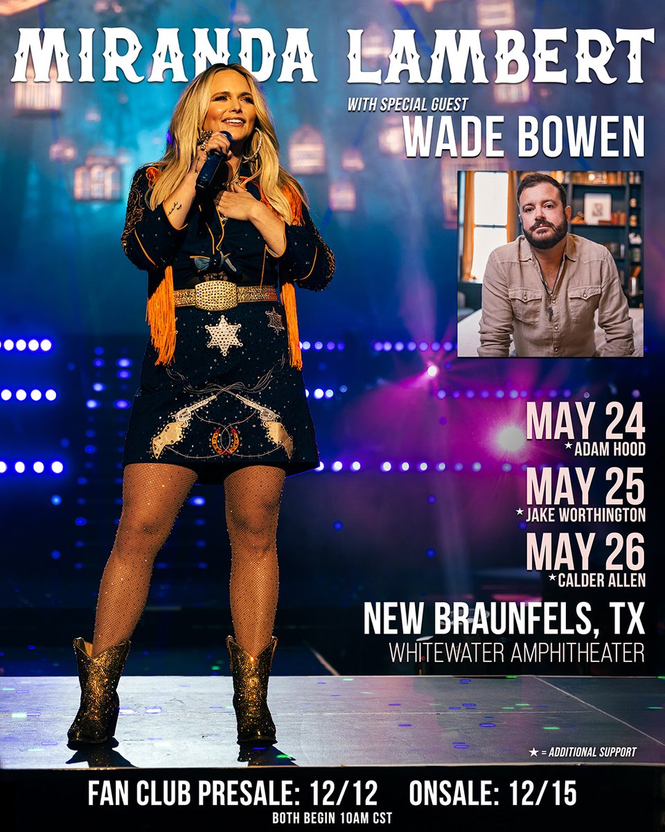 We are ONE MONTH AWAY from three shows in New Braunfels with my friend @mirandalambert! Get your tickets now at wadebowen.com/tour/