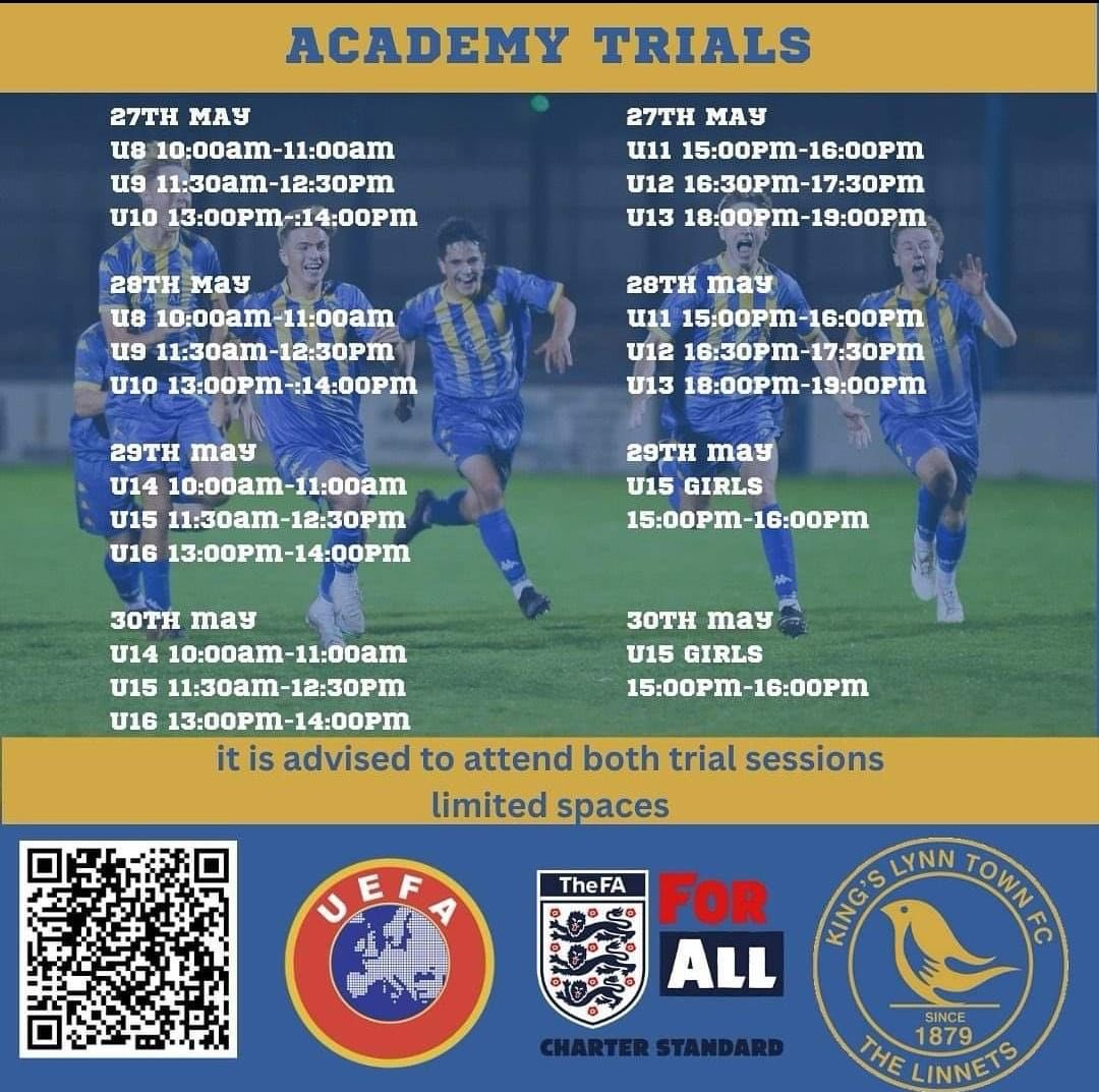 The kings lynn town trials for 24/25 season are upcoming in the May half term. For those wanting to trial please complete the jotform via the QR code or link below. form.jotform.com/213534561661353 If you have any questions please email liam@kltown.co.uk