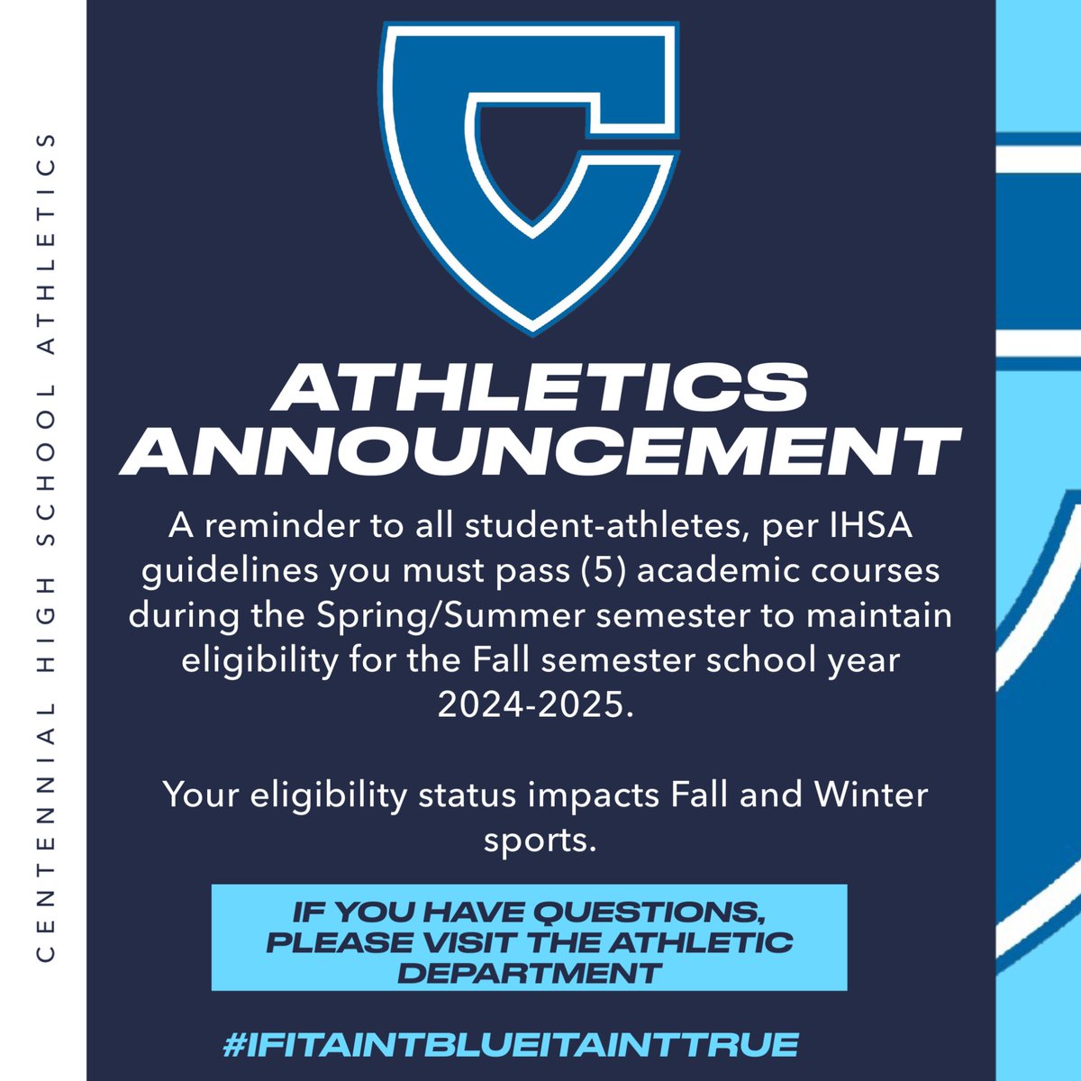 Student-athletes please remember your grades matter!  You must pass 5 academic courses during the Spring/Summer semester to maintain eligibility for the Fall semester school year 2024-2025.  #IfItAintBlueItAintTrue #FullyCharged