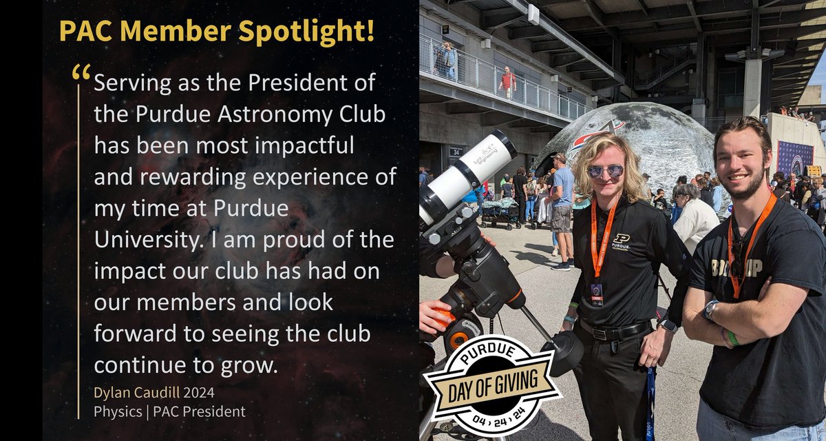 PurdueAstroClub's tweet photo. Hey #Boilermakers, PAC President, Dylan Caudill, supports the Purdue Astronomy Club 🔭! If you want to also support us bringing astronomy to Purdue students, donate to our #PurdueDayofGiving page. Link in our bio! https://t.co/pE4OD7OnFI