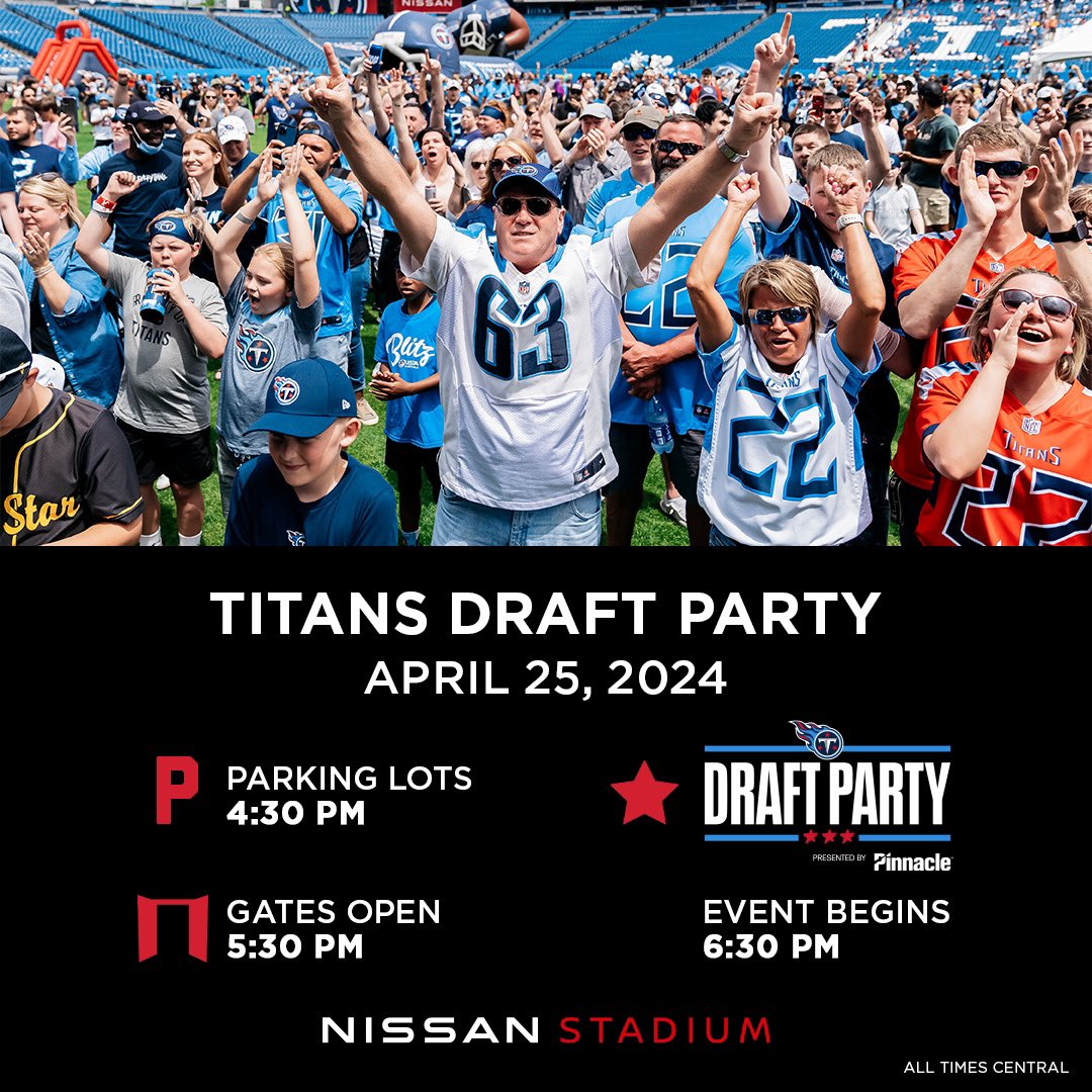 our @titans Draft Party gets underway tomorrow night. 🏈 and here’s what you need to know. 🏟️