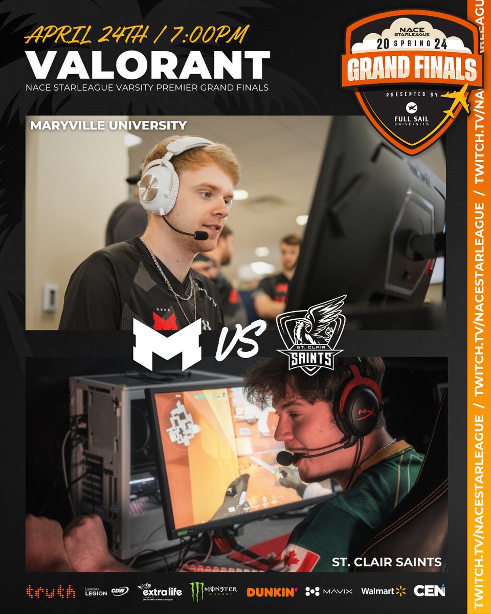 TONIGHT the NACE Starleague Varsity Premier Grand Finals kick off with VALORANT! At 7:00PM watch LIVE as Maryville University faces off against the St. Clair Saints. Who are you cheering for in the #NSLGrandFinals? @MaryvilleGG vs. @SaintsGamingCA 🕖: 7:00PM EDT 📺: