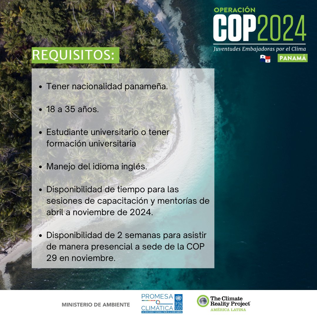 Buscamos jóvenes líderes climáticos como tú. Regístrate en Operación COP Panamá, especialízate en política climática con la mejor ciencia disponible y representa a tu país en la cumbre del cambio climático más importante del mundo. 

#OperaciónCOP2024

@climatelatino