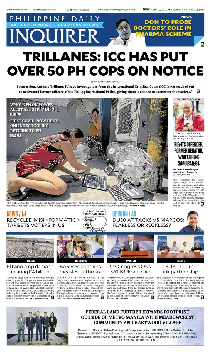 Today's Inquirer front page (April 25, 2024).

More at inq.news/plusfront6 📰#INQFrontPage