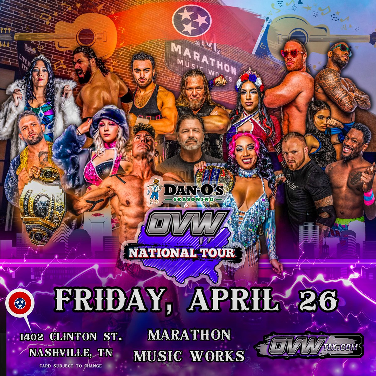 Don’t miss OVW action LIVE with the @danosseasoning national tour! #OVWLIVE stops in the #MusicCity Nashville, TN at Marathon Music Works FRIDAY - APRIL 26th Secure your seats NOW at OVWTIX.com #OVW #ProWrestling #Wrestling #Nashville #Tennessee #Live #Tour