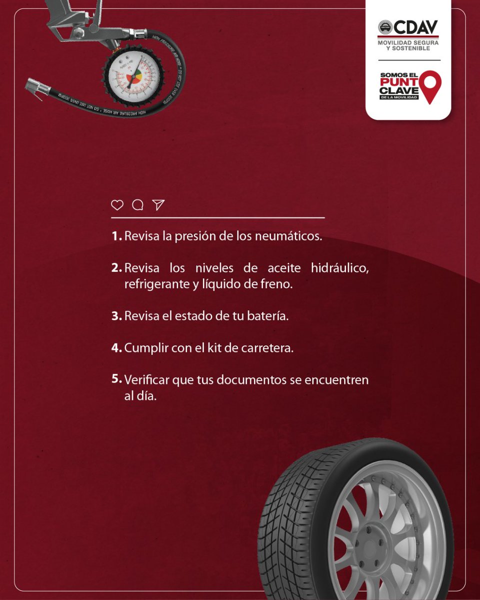 CDAVCali's tweet image. 🚘🛣️Antes de emprender un viaje con tu vehículo, debes conocer las condiciones en las que se encuentra tu automóvil o motocicleta. Por eso el CDAV te comparte estos 5 tips que te compartimos y viaja sin preocupaciones.

#CDAV #elpuntoclave #movilidadcdav
