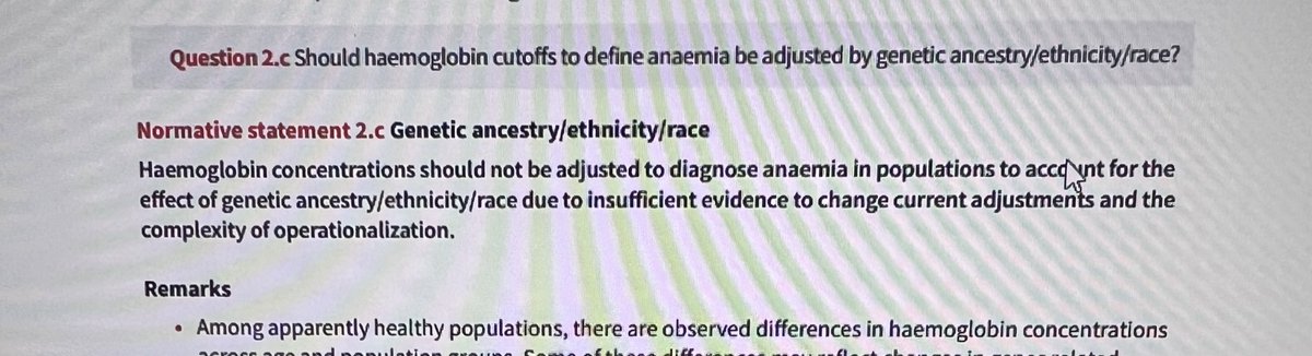 Y’all. @PTMcGann & I spoke at the @WHO years ago about removing race/ethnicity based differences in hemoglobin thresholds for anemia diagnosis. Because they are social constructs. Not biology. And they listened. Now if we can just get rid of those sex based cutoffs…