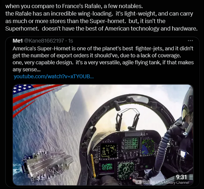 what does it mean?
it means, the Superhornet was designed for a serious, all-out conflict.  the worst-case type.  
Rafale was designed as some kind of point-defense.