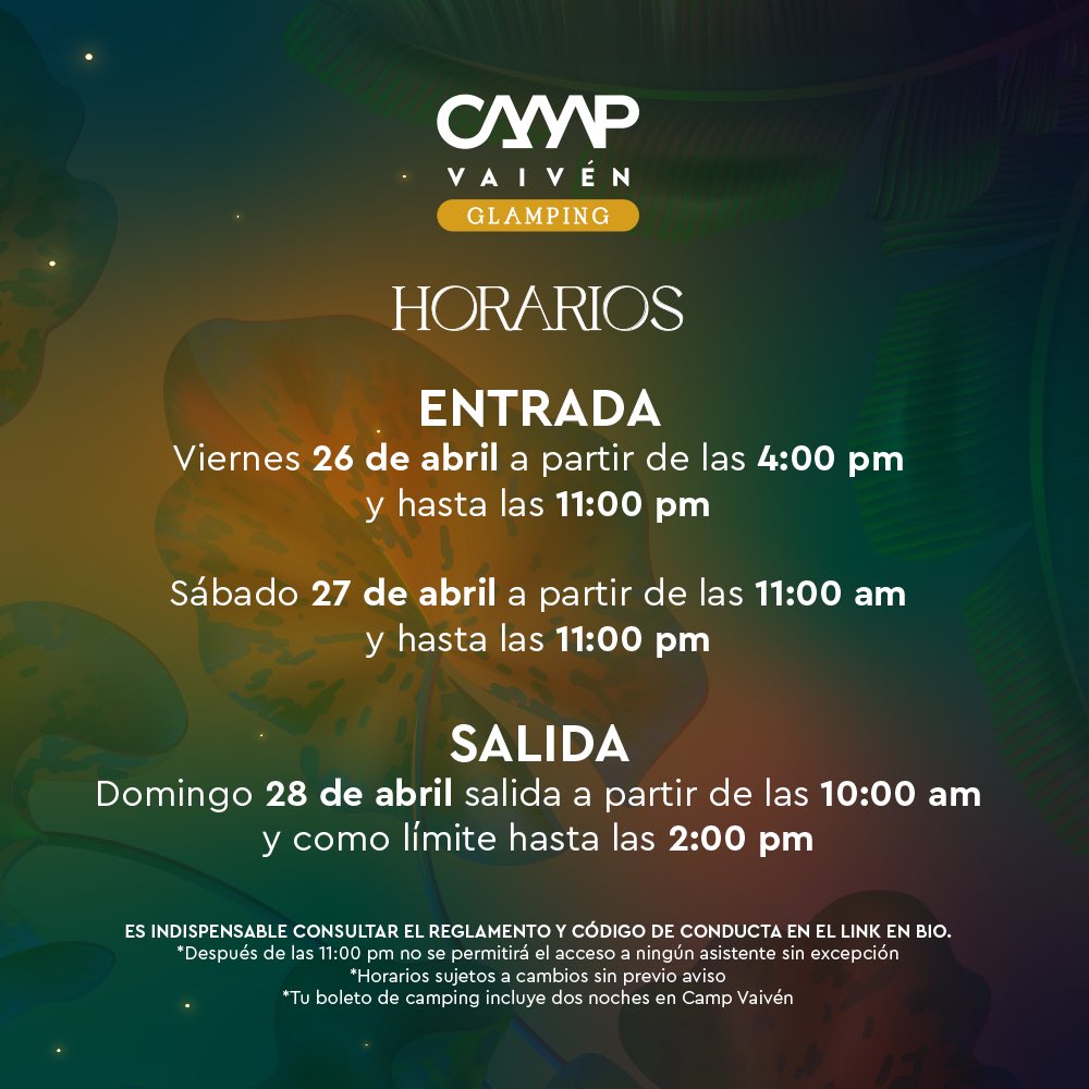 Quién va a CAMP Vaivén 2024? Checa los horarios para que llegues a tiempo. Recuerda que no se permitirá el acceso fuera de estos horarios sin excepciones! 
Alista tu maleta! #TeVeoEnVaivén