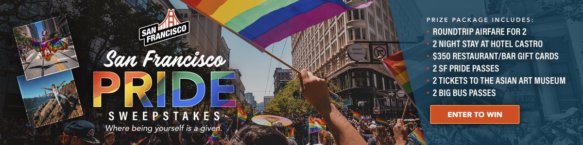 Enter to win a trip to San Francisco, where being yourself is given!

PRIZE PACKAGE INCLUDES 
🛩️ 2 round trip flights
🏨 2-night stay at The Hotel Castro
💳 $350 in restaurant gift cards
🏳️‍🌈 2 passes to SF Pride & more!

ENTER HERE: gaycities.com/promo/sfpride2… 
@onlyinsf #SanFrancisco